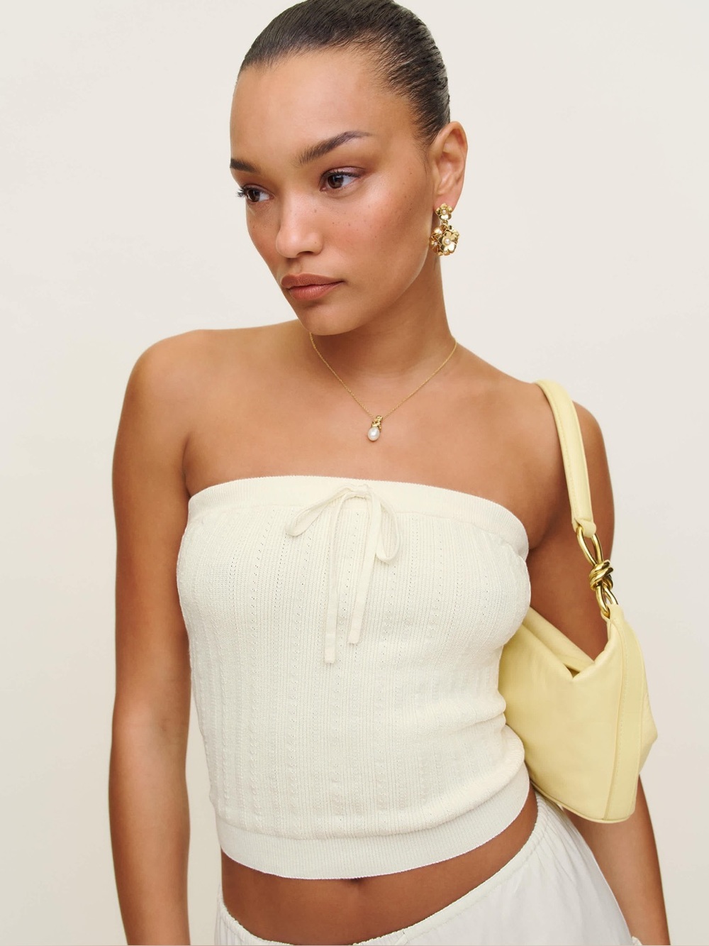 Reformation Zazie Cotton Strapless Bow Details Cream Ribbed Sweater Top NEW M